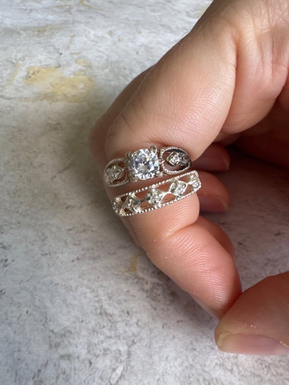 Avon Women's Wedding Ring Set Sterling Silver Filigree CZ Ring Silver Size 8